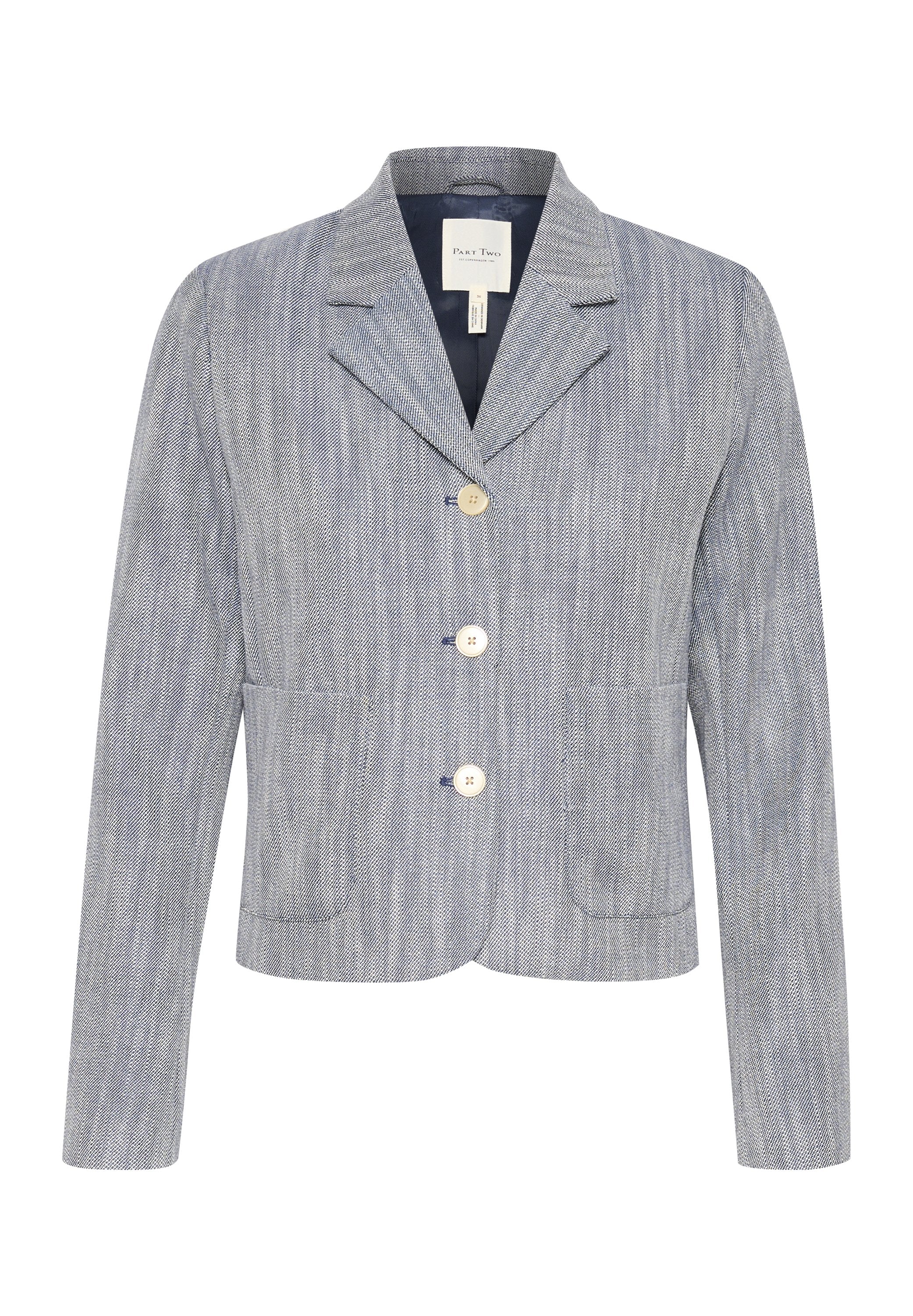 Helles blaues Blazer aus Fischgrätstoff, einreihiges Design mit zwei Vordertaschen und drei Knöpfen. Reverskragen und lange Ärmel.