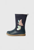 Marineblaue Leder- und Wildleder-Stiefelette mit einem Schmetterlings- und Blattdesign in Pink und Grün, gummierter Sohle und gesteppten Details.