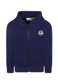 Marineblaue Zip-Hoodie aus weichem Stoff, mit einem Logo auf der Vorderseite, zwei seitlichen Taschen und gerippten Bündchen und Saum.
