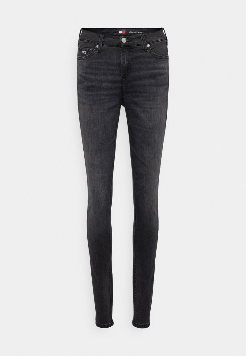 Schwarze schmale Jeans aus Denim mit mittelhohem Bund, fünf Taschen und einem gebrandeten Bund mit Logo-Akzent.