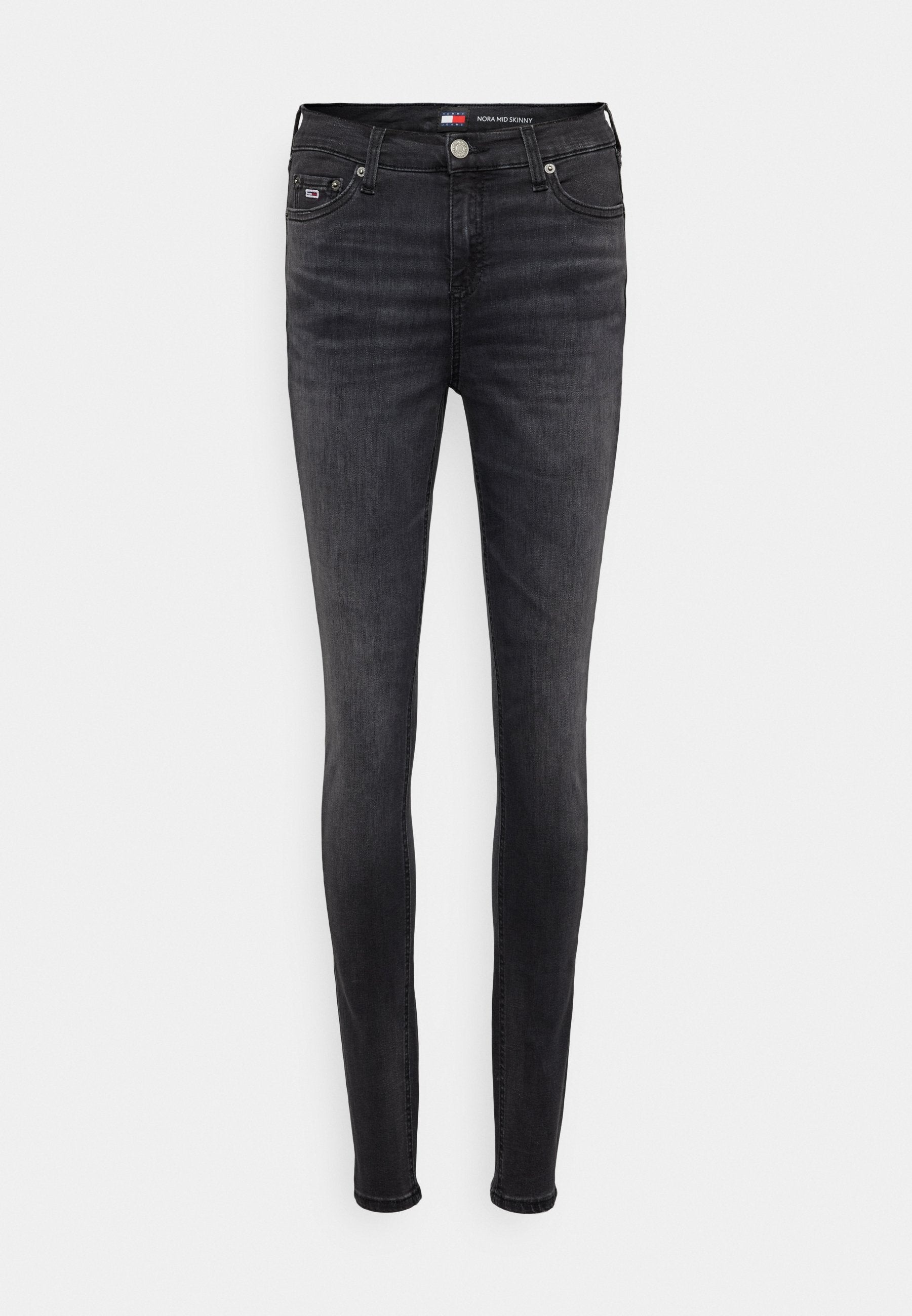 Schwarze schmale Jeans aus Denim mit mittelhohem Bund, fünf Taschen und einem gebrandeten Bund mit Logo-Akzent.