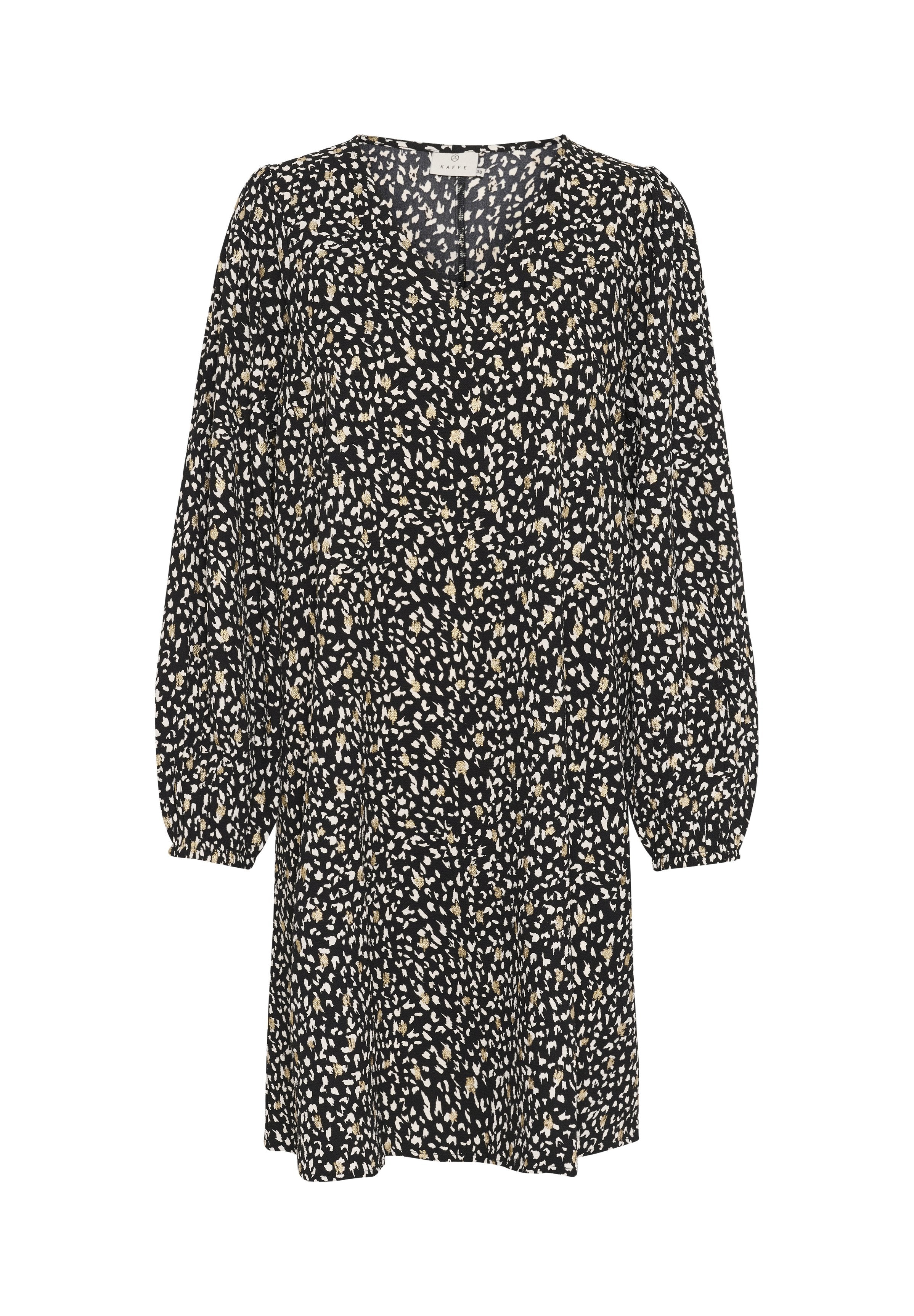 Schwarzes Kleid mit langen Puffärmel, einem V-Ausschnitt und einem leichten gesprenkelten Muster in Creme und Beige. Hergestellt aus einem weichen, strukturierten Stoff.
