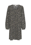 Schwarzes Kleid mit langen Puffärmel, einem V-Ausschnitt und einem leichten gesprenkelten Muster in Creme und Beige. Hergestellt aus einem weichen, strukturierten Stoff.