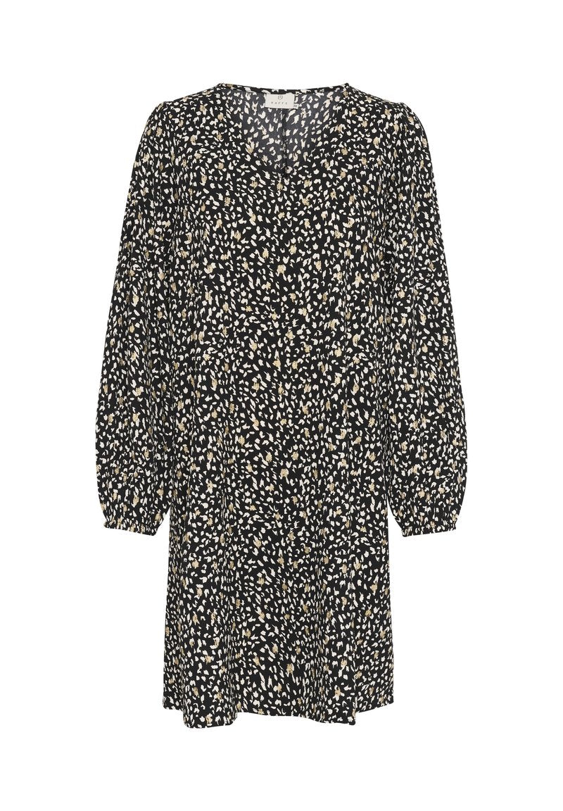Schwarzes Kleid mit langen Puffärmel, einem V-Ausschnitt und einem leichten gesprenkelten Muster in Creme und Beige. Hergestellt aus einem weichen, strukturierten Stoff.