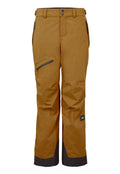 Braune wasserdichte Hose mit einem Reißverschlussfach, Gore-Tex-Label und kontrastierenden schwarzen Bündchen. Glatte Textur, gerades Bein-Design.