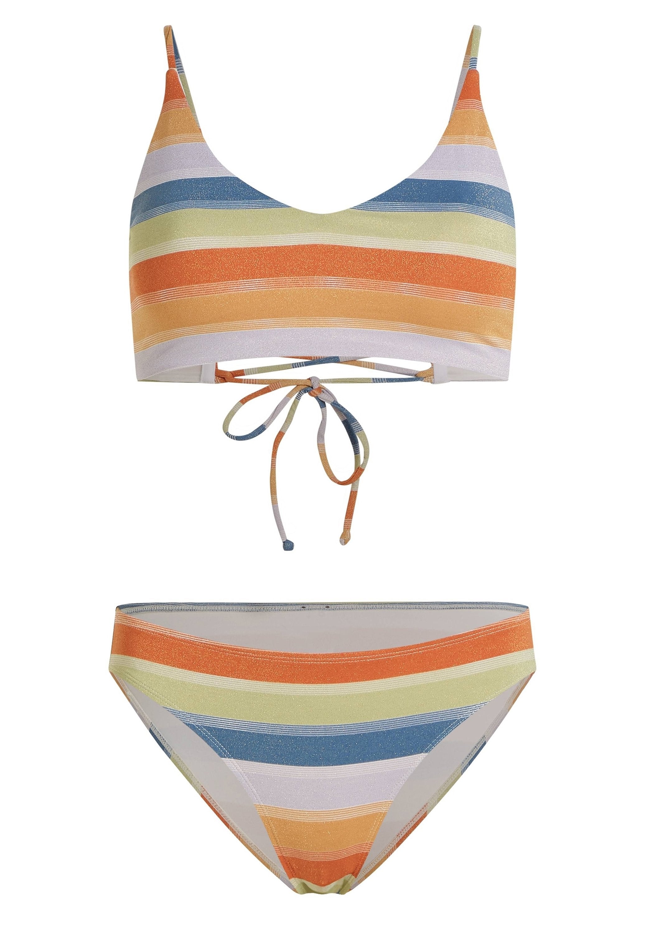 Gestreiftes Bikini-Set mit gebundenem Oberteil und passendem Unterteil. Die Farben umfassen Grün, Orange, Blau und Gelb mit einer glitzernden Textur.