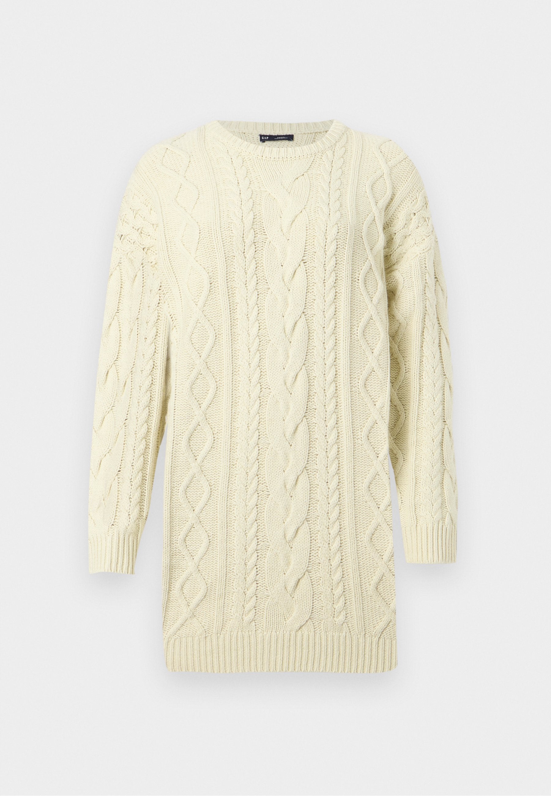 Cremefarbener gestrickter Pullover mit Zopfmuster, langen Ärmeln sowie gerippten Bündchen und Saum, mit rundem Ausschnitt.