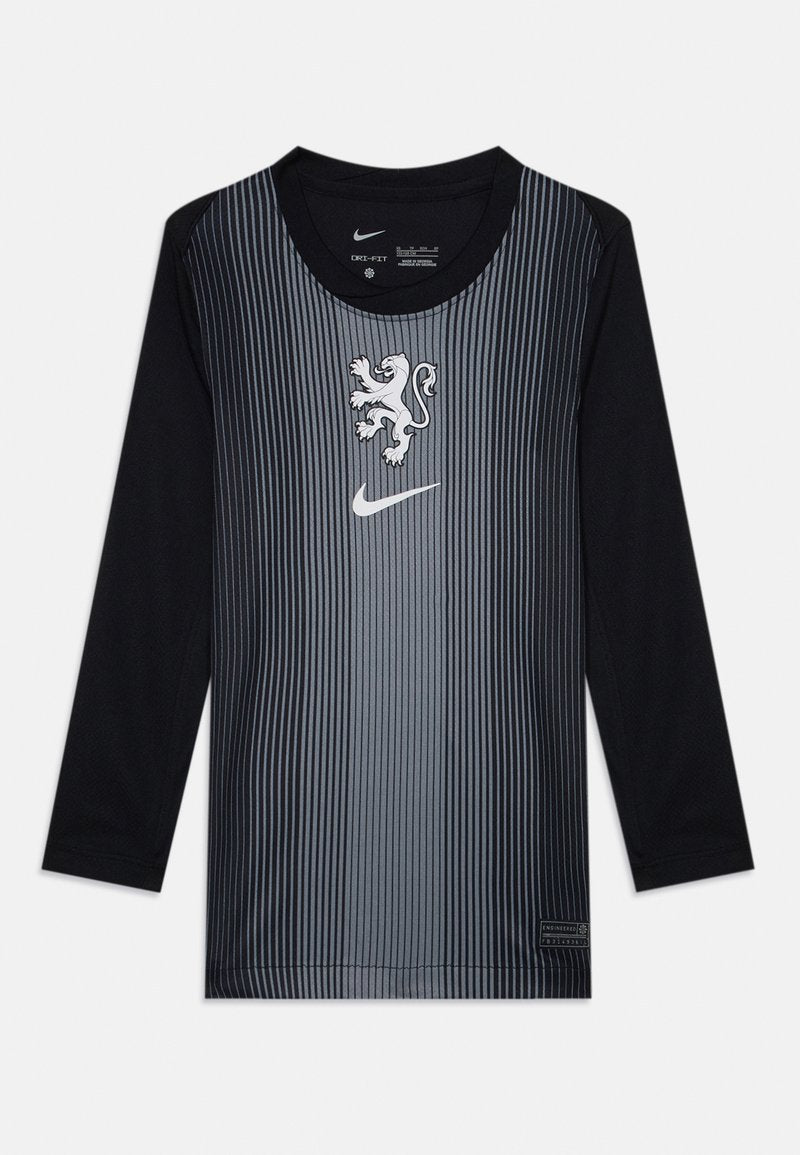 Langärmliges schwarzes Trikot mit grauen vertikalen Streifen, das ein zentrales Löwenemblem und das Nike-Logo zeigt. Hergestellt aus feuchtigkeitsableitendem Material.