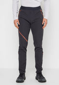 Schwarze Outdoor-Herrenhose aus Softshell-Material, mit orangefarbenen Akzenten, einer Reißverschlusstasche und Knieeinsätzen für Beweglichkeit.