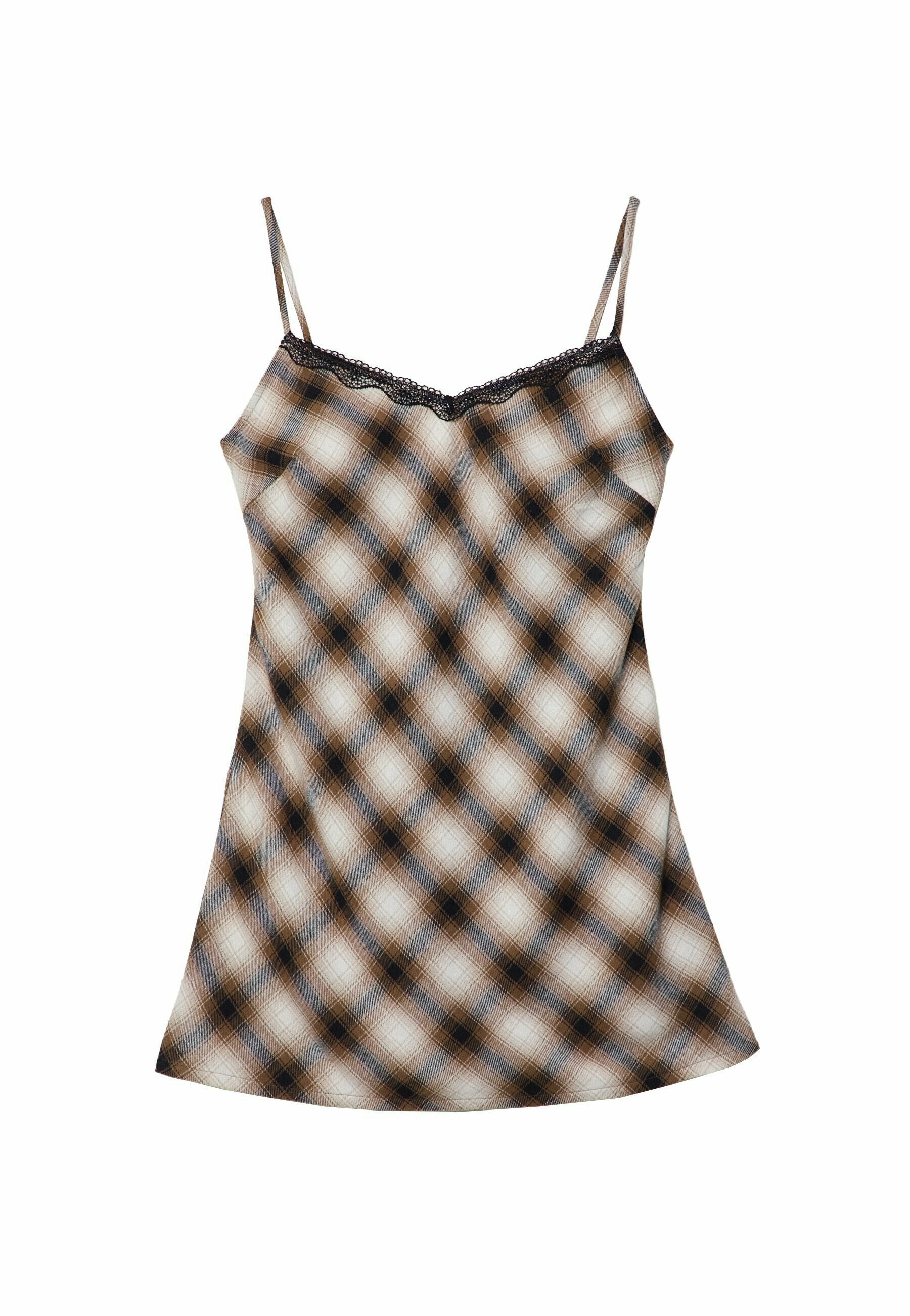 Karierter Camisole mit dünnen, verstellbaren Trägern. Verfügt über eine Spitzenborte entlang des Halsausschnitts. Farbpalette umfasst Brauntöne, Cremetöne und Blautöne.