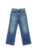 Helles blaue Denim-Jeans im Weitrockstil mit hoher Taille, Fünf-Taschen-Design und leichter Ausbleichung an den Oberschenkeln. Mit einem Knopf- und Reißverschluss vorne.