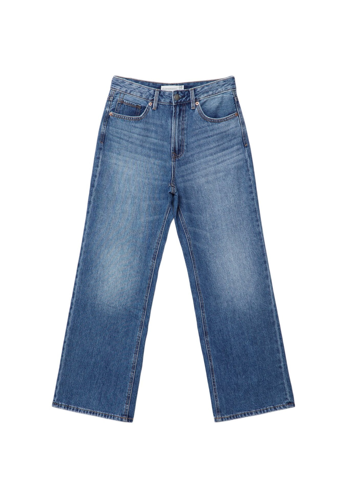 Helles blaue Denim-Jeans im Weitrockstil mit hoher Taille, Fünf-Taschen-Design und leichter Ausbleichung an den Oberschenkeln. Mit einem Knopf- und Reißverschluss vorne.