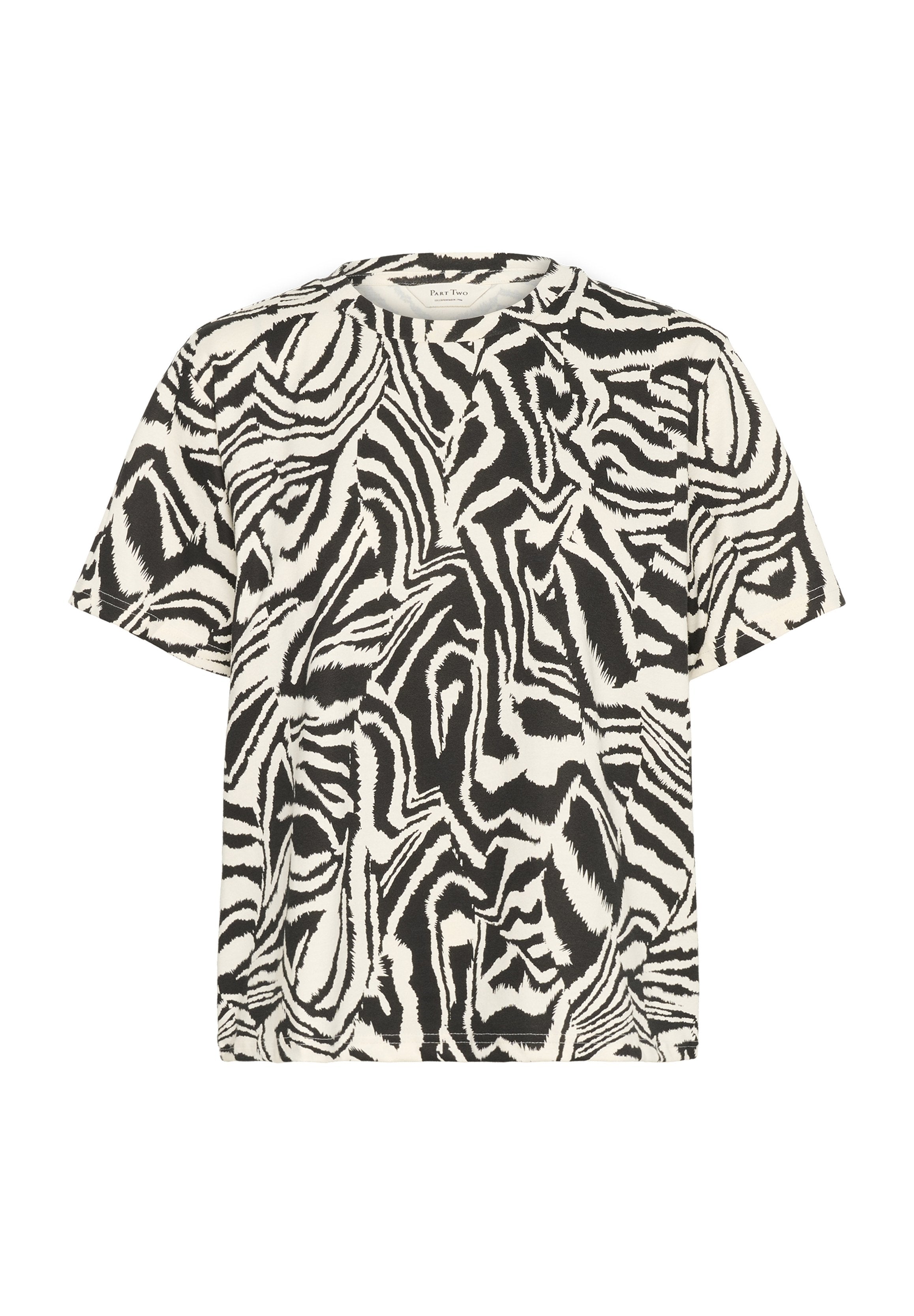 T-Shirt mit kurzen Ärmeln aus einem Zebra-Muster-Stoff, der mit schwarzer und weißer Spiralen gestaltet ist. Rundhalsausschnitt und entspannte Passform. Weicher Stoff.