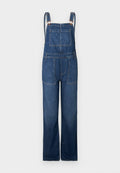 Dunkelblaue Jeans-Latzhose mit verstellbaren Trägern, vorne und hinten Taschen, weitem Bein und sichtbaren Nahtdetails.