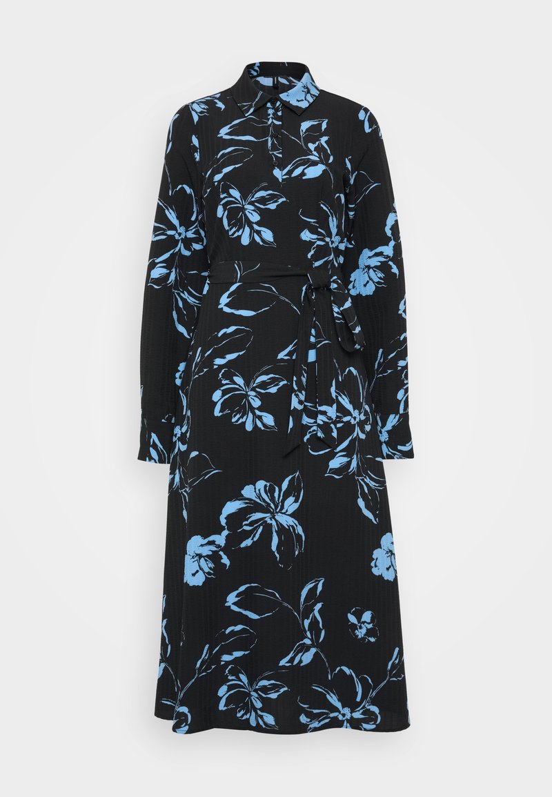 Schwarzes langärmeliges Kleid mit blauem Blumenmuster, Kragen, Taillengürtel und strukturiertem Stoff. Midi-Länge mit lockerer Passform.
