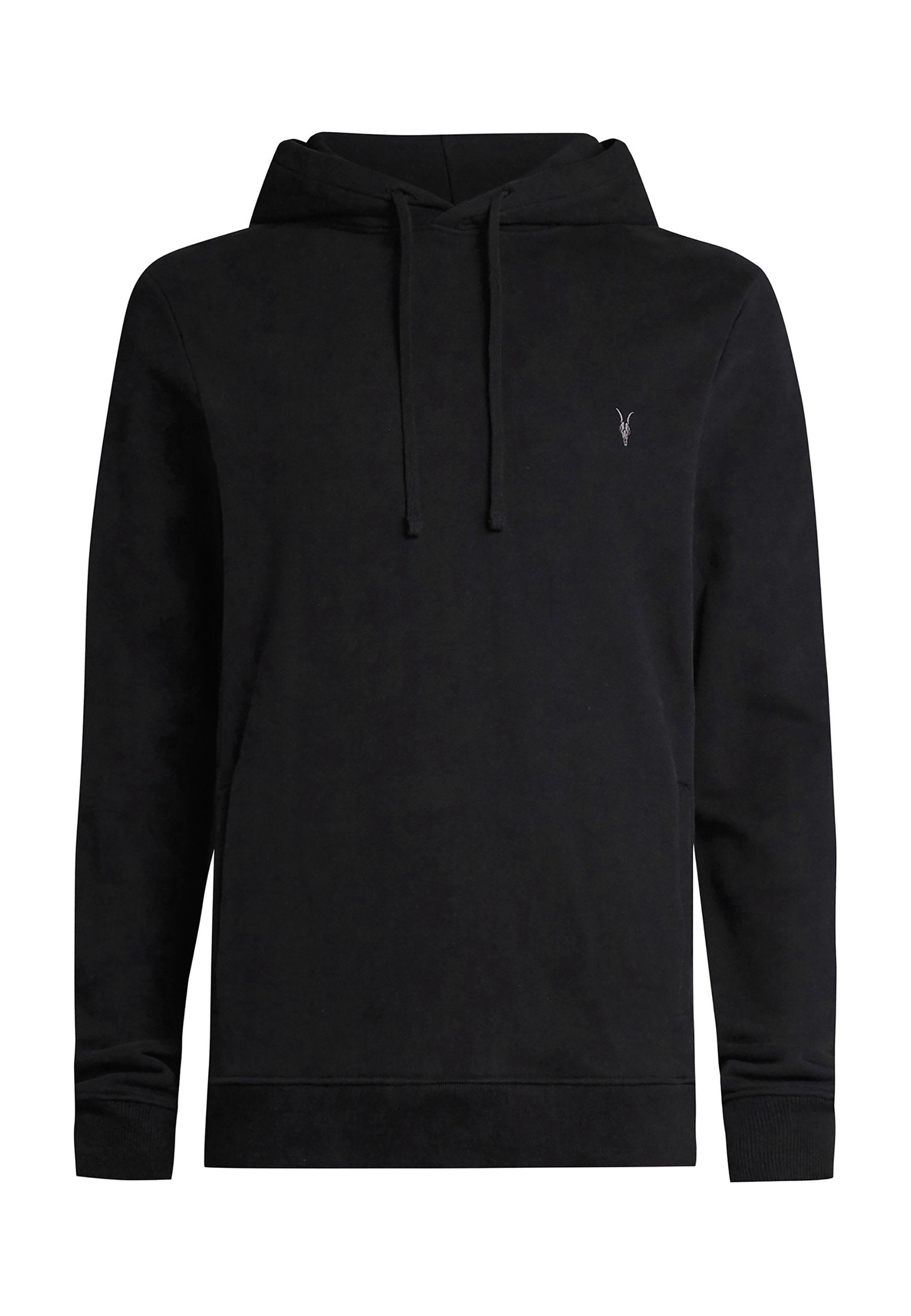 Schwarzer Baumwoll-Hoodie mit Kängurutasche, gerippten Bündchen und einem kleinen gestickten Logo auf der Brust. Verfügt über eine Kapuze mit Kordelzug.