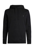 Schwarzer Baumwoll-Hoodie mit Kängurutasche, gerippten Bündchen und einem kleinen gestickten Logo auf der Brust. Verfügt über eine Kapuze mit Kordelzug.