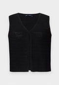 Schwarze Strickweste mit V-Ausschnitt, offenem Frontdesign und strukturiertem Muster. Kurze Ärmel mit lockerer Passform und gerippten Saumdetails.