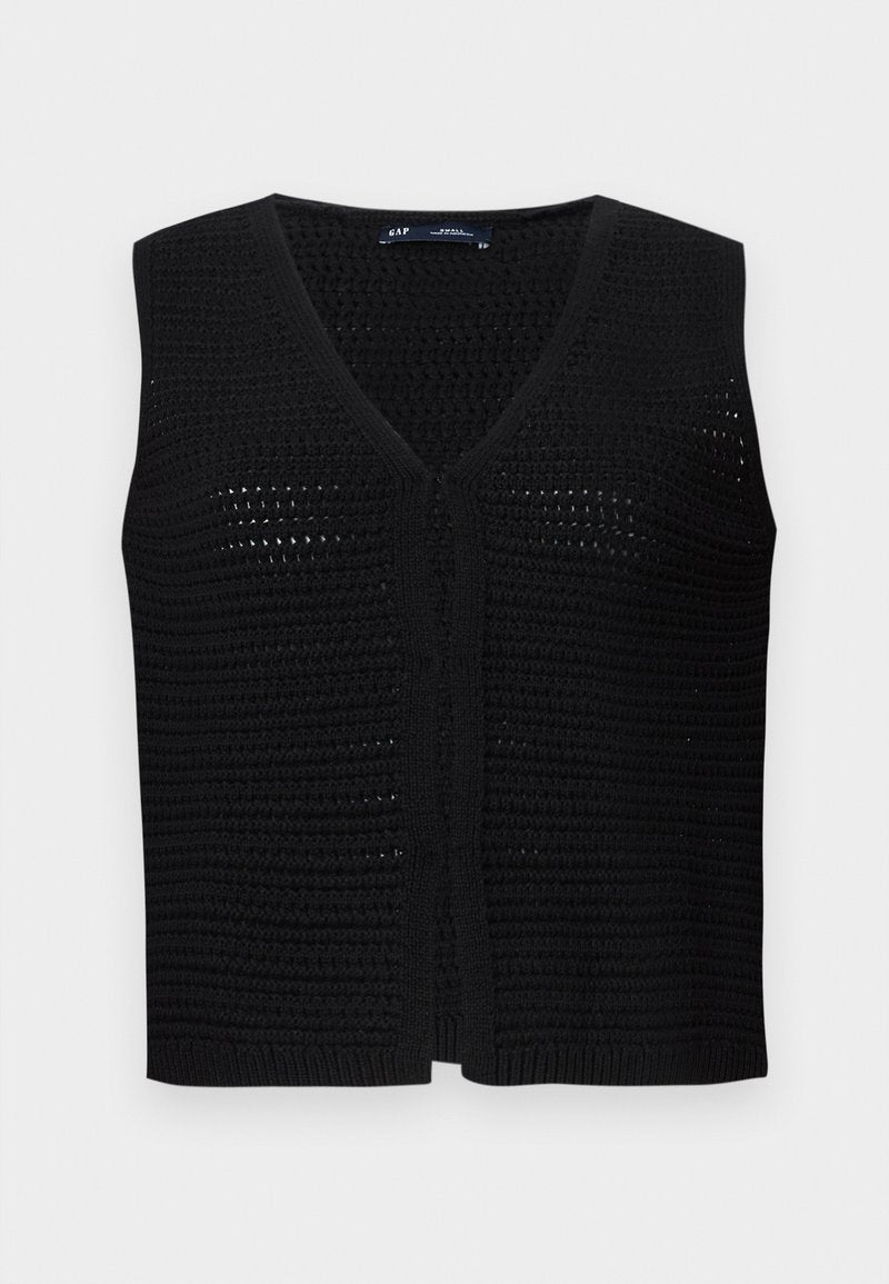 Schwarze Strickweste mit V-Ausschnitt, offenem Frontdesign und strukturiertem Muster. Kurze Ärmel mit lockerer Passform und gerippten Saumdetails.