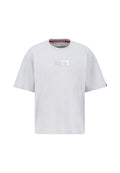 Graues Baumwoll-T-Shirt mit Rundhalsausschnitt, lockerer Passform, kurzen Ärmeln und einem metallisch silbernen rechteckigen Logo auf der Vorderseite.