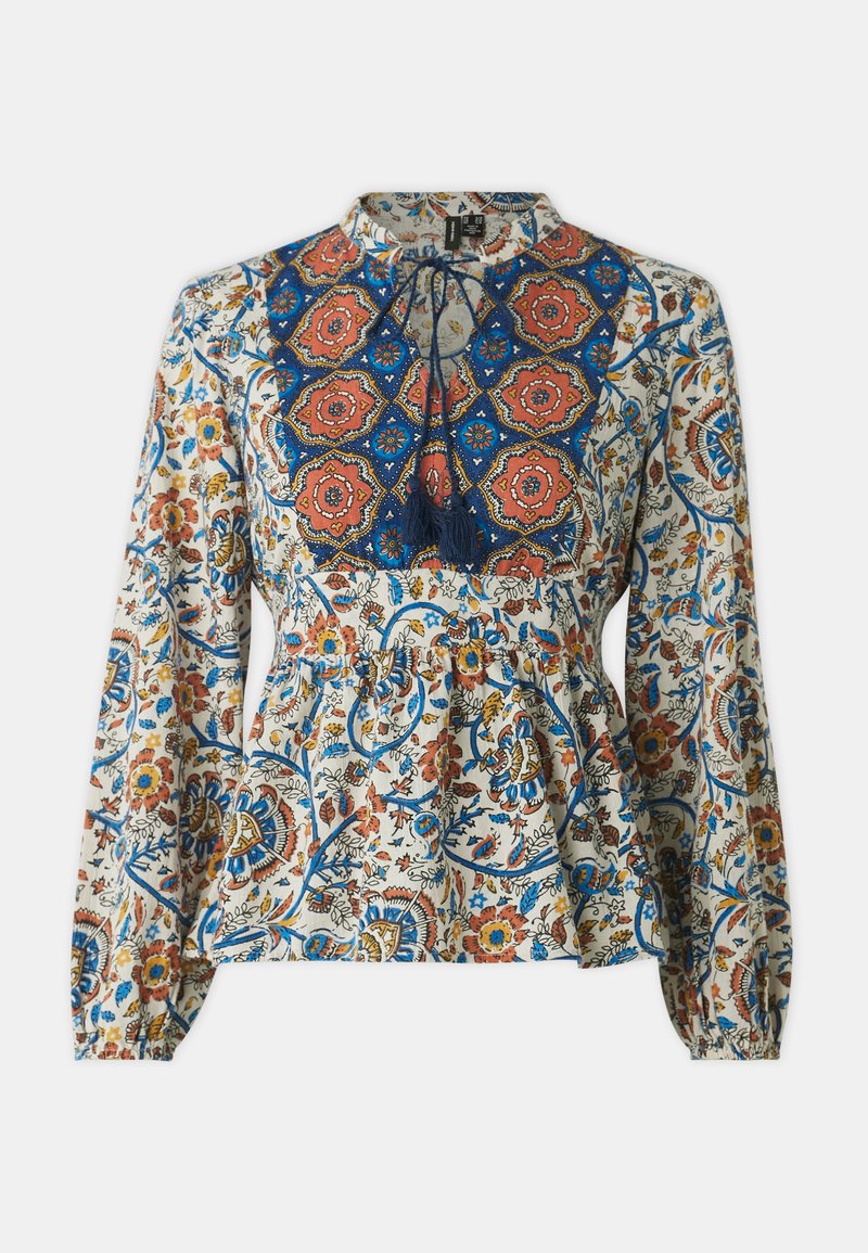 Langärmlige Bluse mit einem komplexen floralen Muster in Blau, Orange und Creme, mit einer gerafften Taille und dekorativen Quasten.
