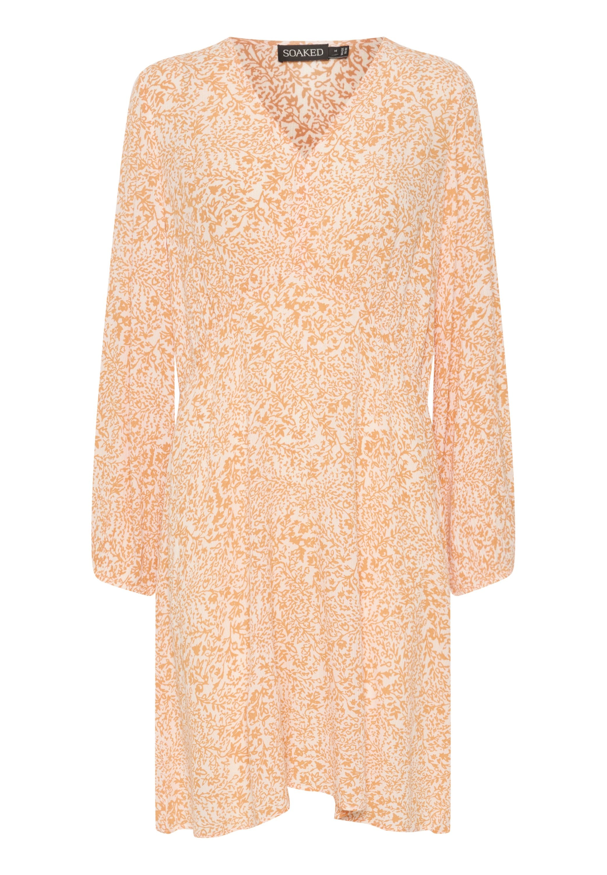 Blumenmusterkleid in sanftem Pfirsich und Creme. Verfügt über einen V-Ausschnitt, lange Ärmel und eine lockere Passform mit einem leicht asymmetrischen Saum. Leichtes Material.