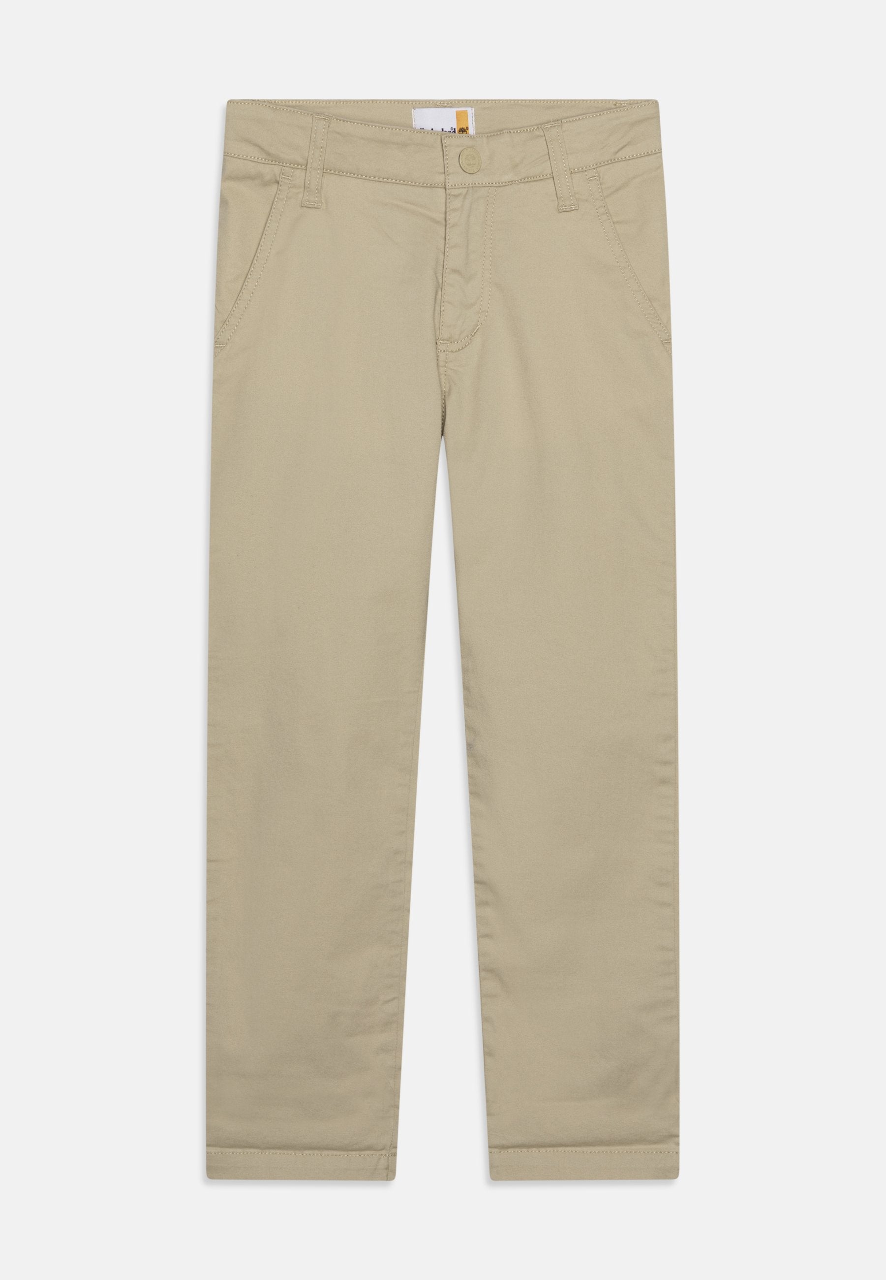 Beige Chinos mit geradem Bein, Gürtelschlaufen, vorderem Knopf- und Reißverschluss, sowie schrägen Seitentaschen.