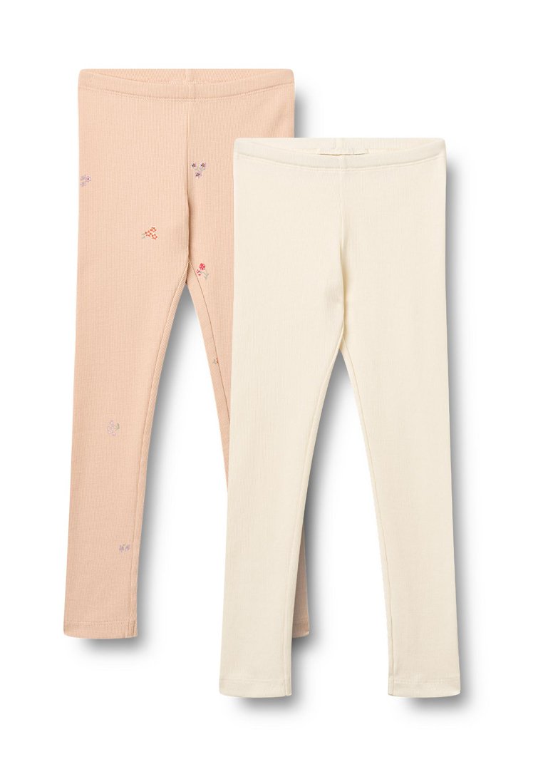 Zwei Paar Leggings: eines in hellrosa mit zarter Blumenstickerei und eines in einfarbigem Creme. Beide haben eine gerippte Textur und elastische Taillenbänder.