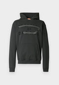 Schwarzer Hoodie aus Baumwollmischung mit Fronttasche, verstellbarer Kapuze und mattschwarzem Logodesign auf der Brust.