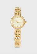 Goldene Armbanduhr mit rundem Zifferblatt, mit Kristallen besetzter Lünette, einfachen Markierungen und drei Zeigern auf hellem Hintergrund.