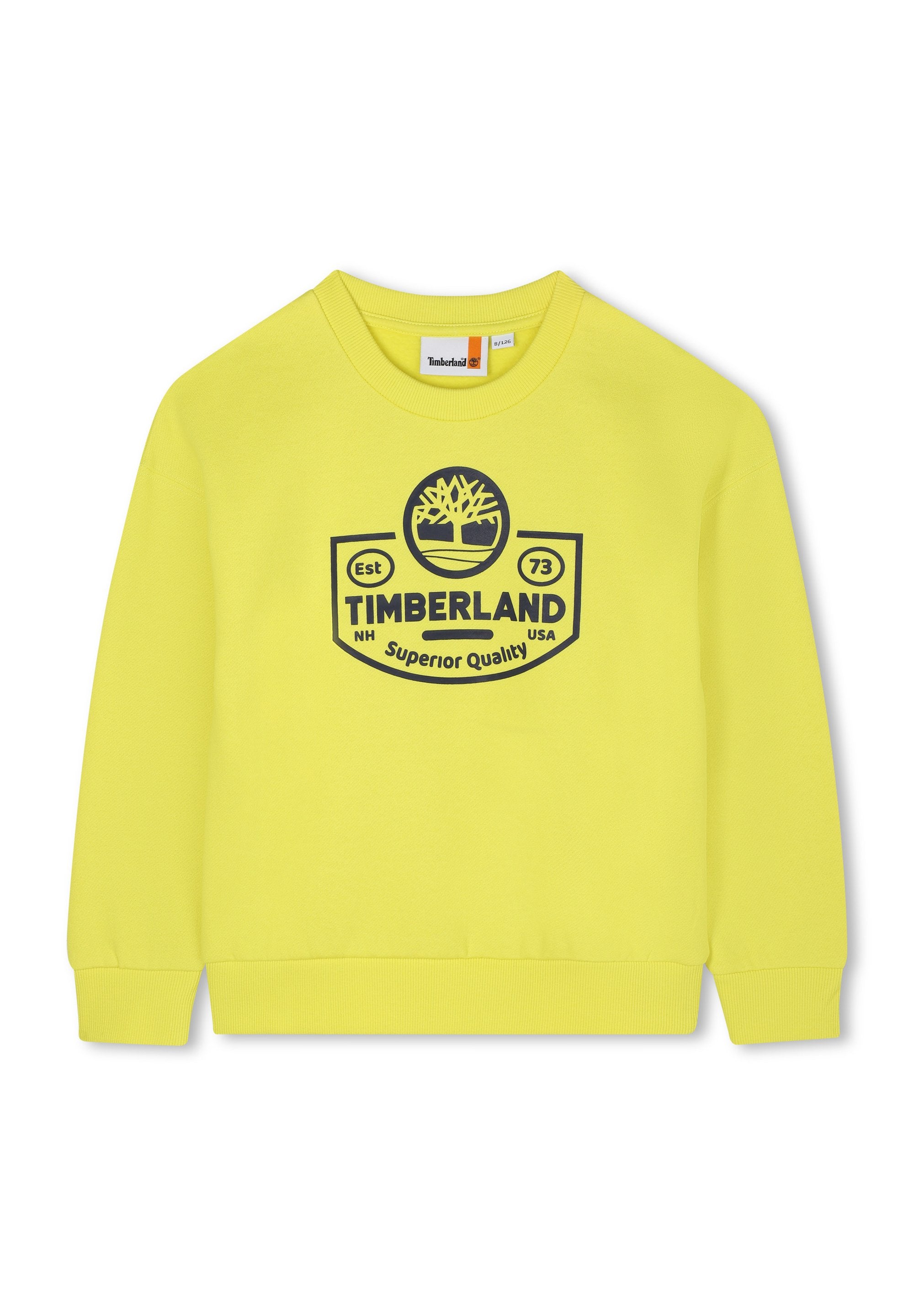 Gelbes Sweatshirt aus strukturiertem Stoff, mit Rippbündchen und -saum. Mit einem auffälligen blauen Logo mit der Aufschrift "TIMBERLAND" und dem Gründungsjahr "73."