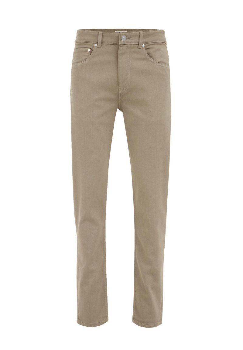 Beige Baumwollhosen mit schmaler Passform, ausgestattet mit zwei vorderen Taschen, einem Knopfverschluss und dezenten Nähdetails entlang der Nähte.