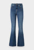 Ausgestellte blaue Jeans aus Denim mit hoher Taille, ausgestattet mit einem klassischen Fünf-Taschen-Design und einem Knopfverschluss. Weiche Textur mit leichten Verwaschungseffekten.