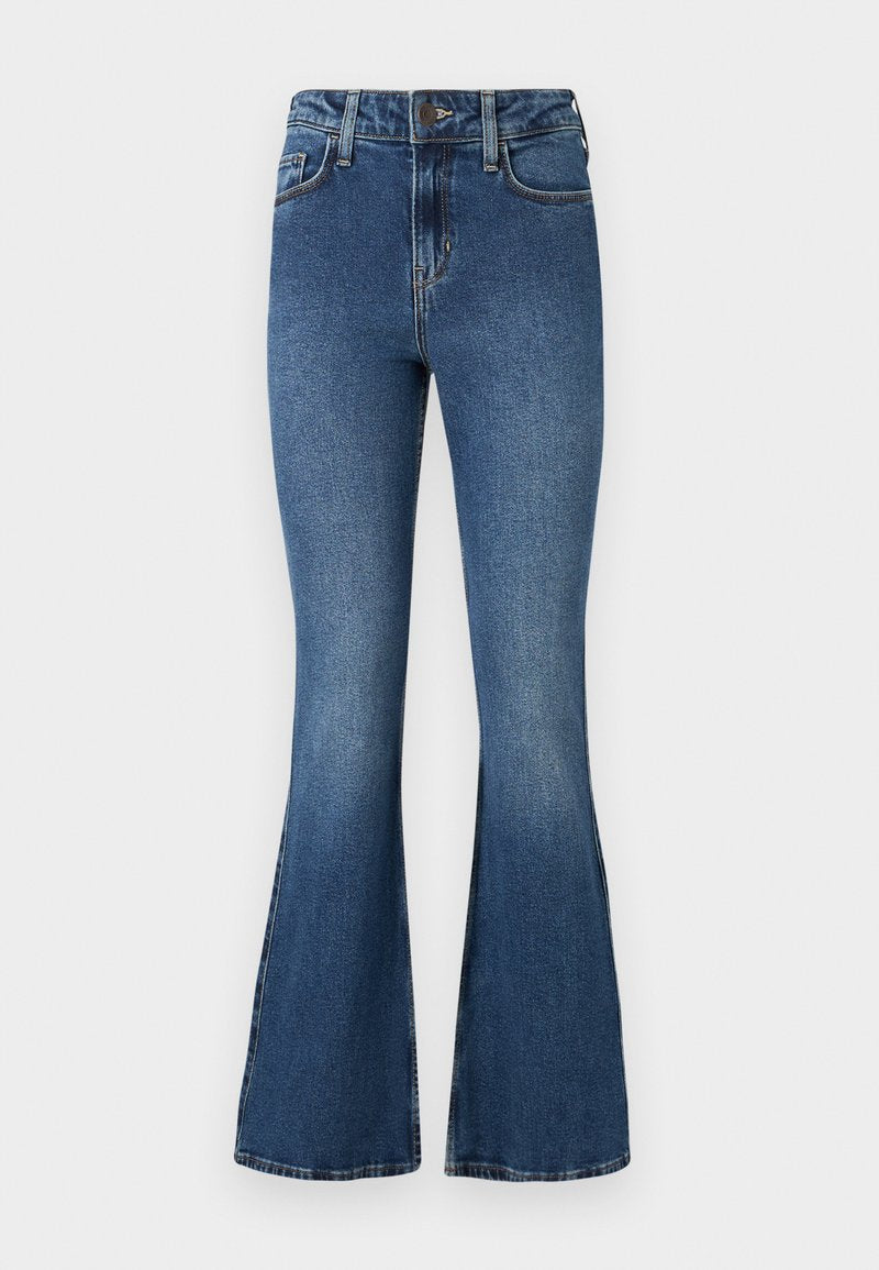 Ausgestellte blaue Jeans aus Denim mit hoher Taille, ausgestattet mit einem klassischen Fünf-Taschen-Design und einem Knopfverschluss. Weiche Textur mit leichten Verwaschungseffekten.