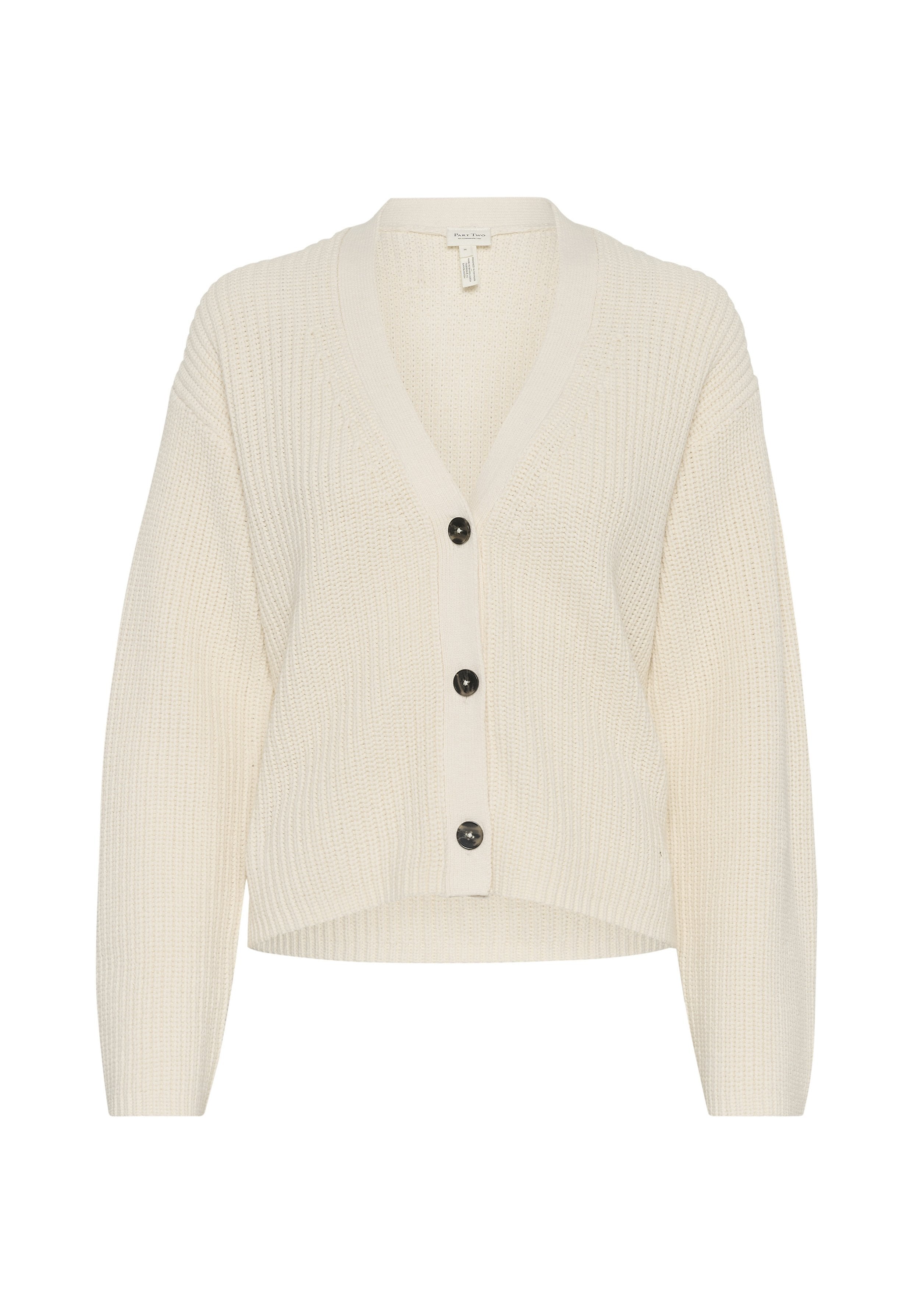 Cremfarbener gestrickter Cardigan mit V-Ausschnitt, oversized Passform und fünf schwarzen Knöpfen in der Mitte; gerippte Textur und lange Ärmel.