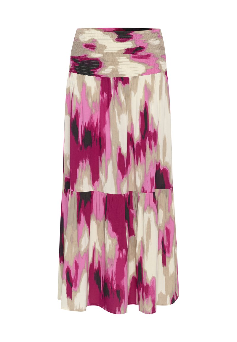 Ein gestufter Rock mit einem lebhaften pink-, beige- und schwarzfarbenen abstrakten Muster, einem gerafften Taillenbund und einer weichen Stofftextur.