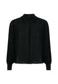 Schwarze plissierte Bluse mit Kragen, langen Ärmeln und elastischen Bündchen. Durchsichtiges Material mit strukturierter Optik und durchgehender Knopfleiste.