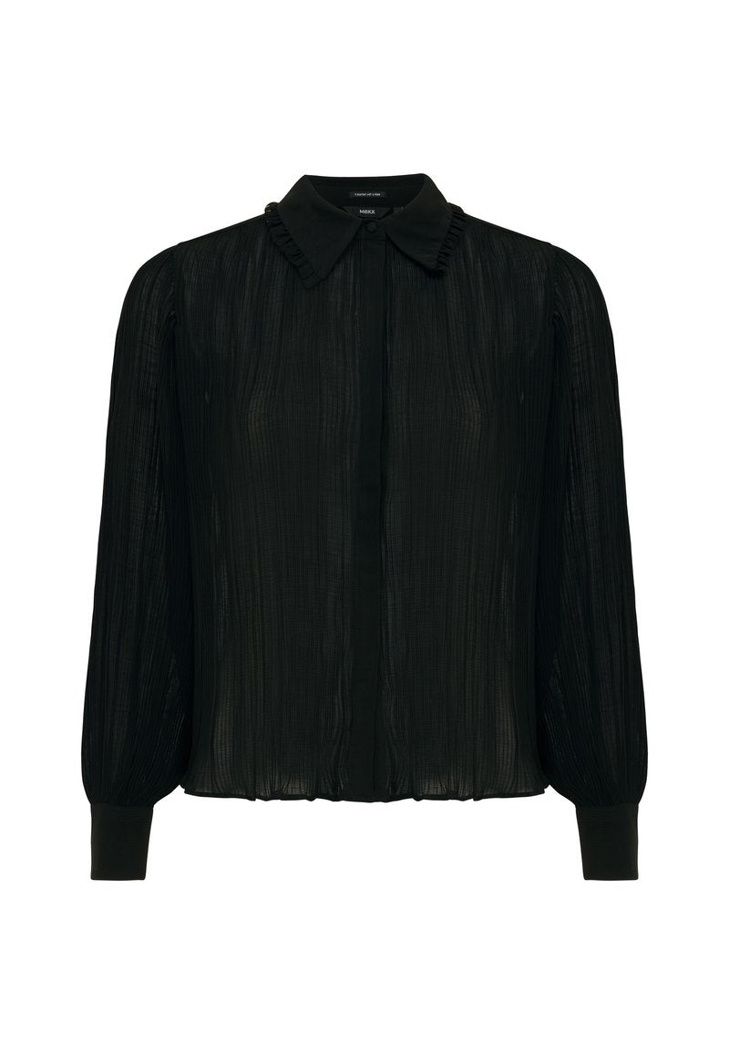Schwarze plissierte Bluse mit Kragen, langen Ärmeln und elastischen Bündchen. Durchsichtiges Material mit strukturierter Optik und durchgehender Knopfleiste.