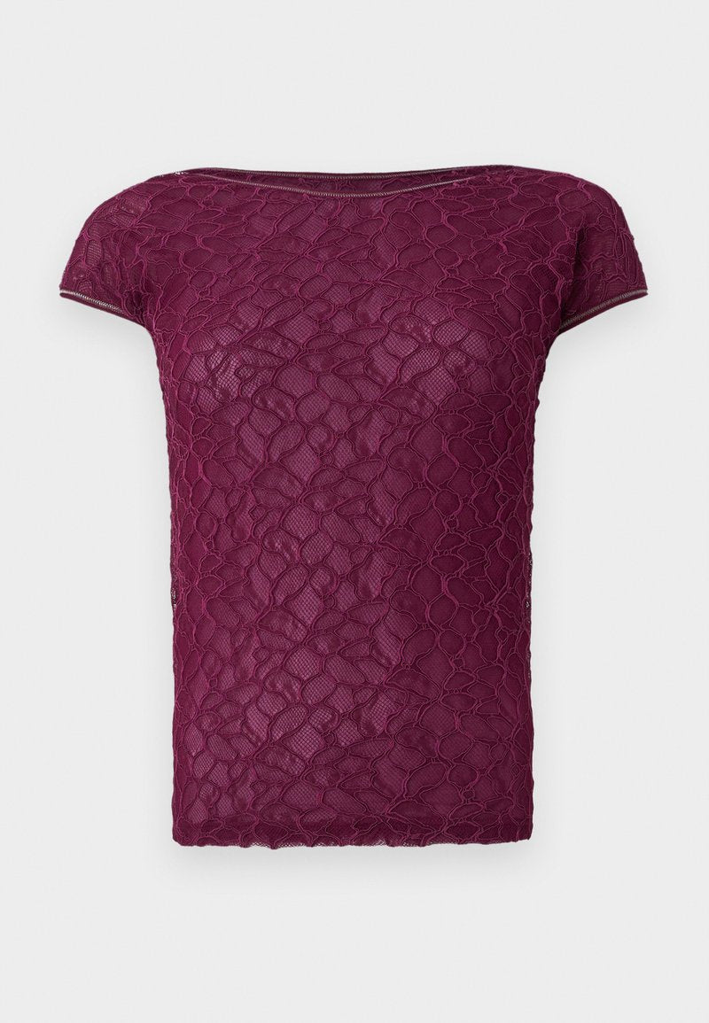 Burgunderfarbene Spitzen-T-Shirt mit kurzen Ärmeln, Rundhalsausschnitt und einem strukturierten Blumenmuster aus hochwertigem Stoff. Leicht und semitransparent.