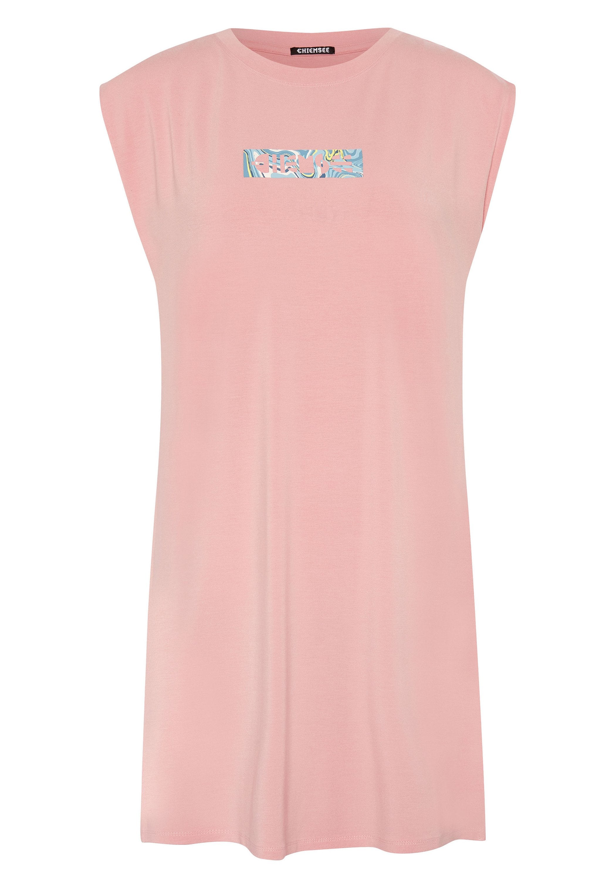 Helles pinkes ärmelloses Kleid aus weichem Material, das auf der Vorderseite ein rechteckiges blaues und gelbes abstraktes Muster aufweist.