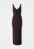 Strick, dunkelbraunes Maxikleid mit V-Ausschnitt, schmalem Schnitt und verstellbarem Bund in der Brustpartie. Mit horizontalen Streifen und dünnen Schulterträgern.
