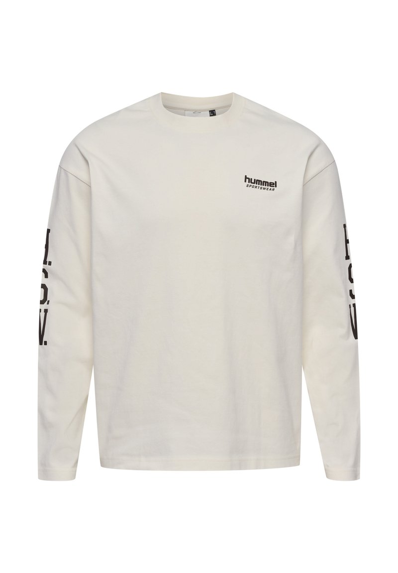 Langärmliges, cremfarbenes Baumwoll-T-Shirt mit rundem Halsausschnitt. Verfügt über das "hummel"-Logo in Schwarz auf der Brust und großen schwarzen Text entlang der Ärmel.