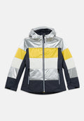 Kapuze Winterjacke mit gelben, weißen, silbernen und schwarzen horizontalen Farbstreifen, Frontreißverschluss und Reißverschlusstaschen an den Seiten, flach liegend.
