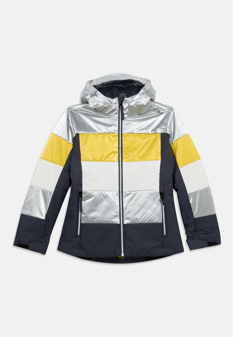 Kapuze Winterjacke mit gelben, weißen, silbernen und schwarzen horizontalen Farbstreifen, Frontreißverschluss und Reißverschlusstaschen an den Seiten, flach liegend.
