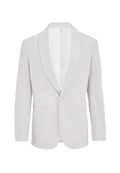 Hellgrauer Blazer mit satinierter Spitzrevers, einreihiger Knopfverschluss, zwei vordere Taschen und einem schlanken, taillierten Design. Glatte Stoffoberfläche.