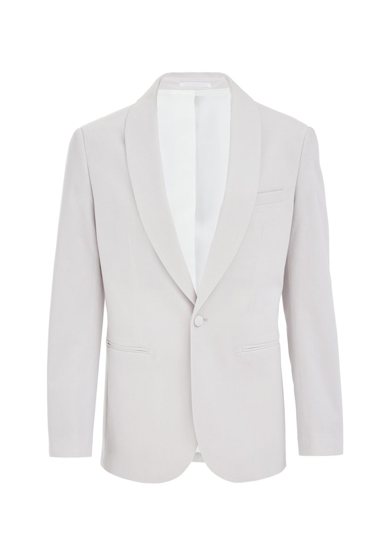 Hellgrauer Blazer mit satinierter Spitzrevers, einreihiger Knopfverschluss, zwei vordere Taschen und einem schlanken, taillierten Design. Glatte Stoffoberfläche.