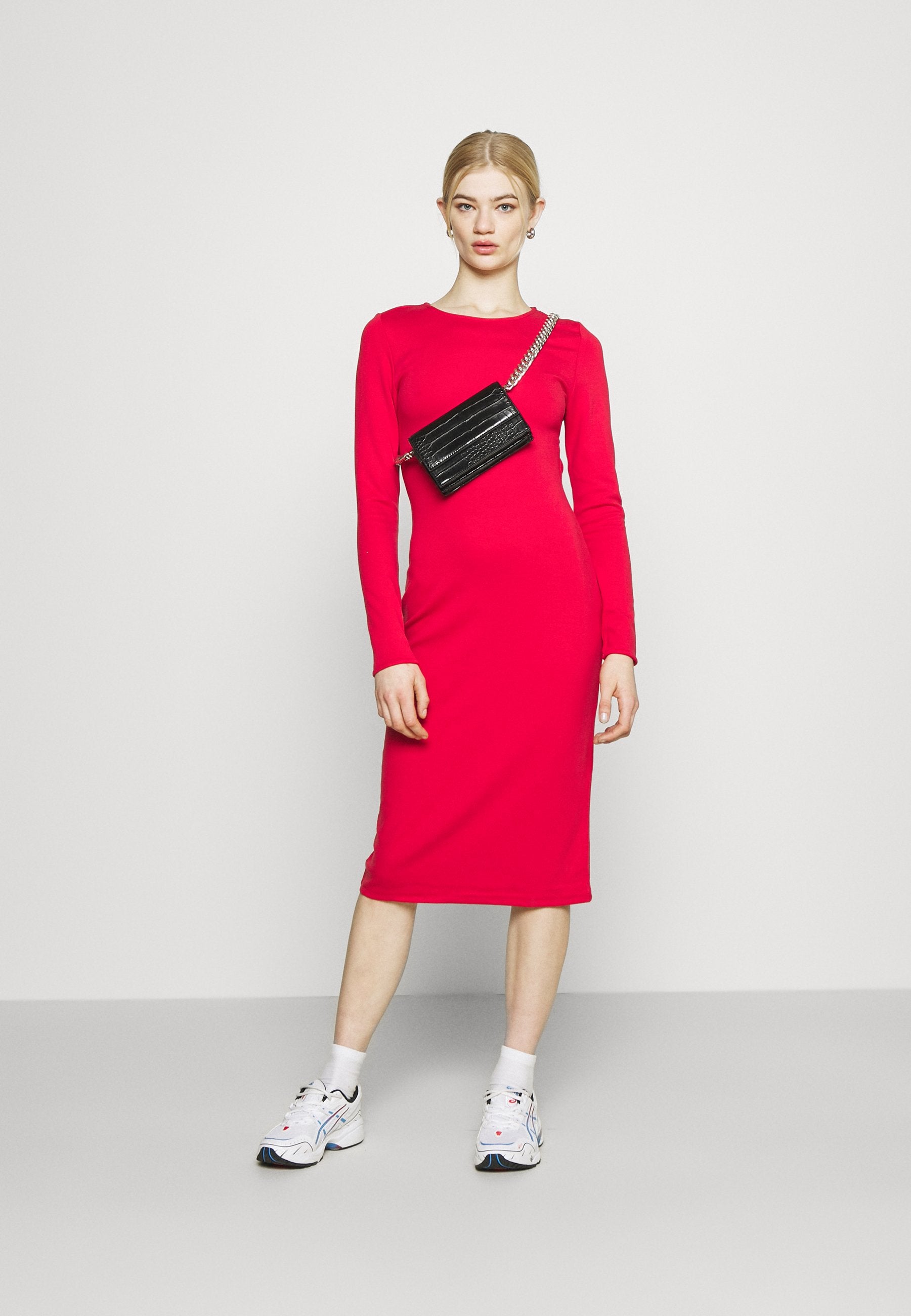 NU-IN PLUNGE BACK NECK MIDI DRESS