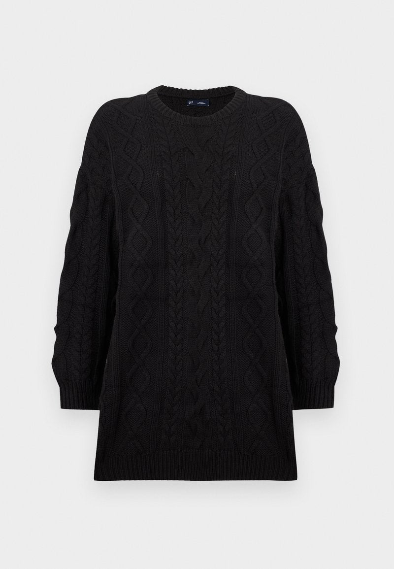 Schwarzer Strickpullover mit Zopfmuster, rundem Ausschnitt und langen Ärmeln mit gerippten Bündchen. Geeignet für Lagenlooks.
