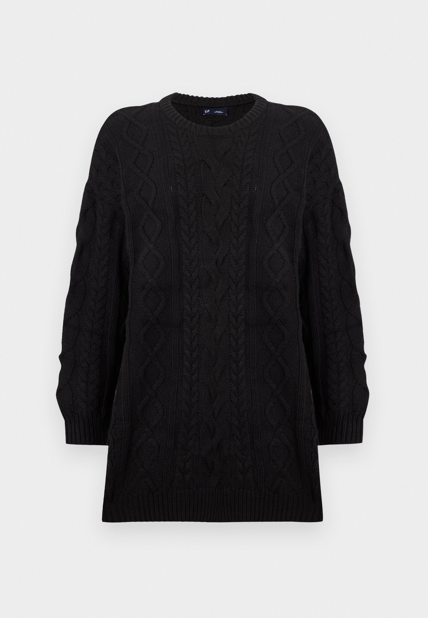 Schwarzer Strickpullover mit Zopfmuster, rundem Ausschnitt und langen Ärmeln mit gerippten Bündchen. Geeignet für Lagenlooks.