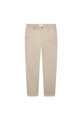 Beige Hosen aus weichem Stoff, schlankes Design mit flachem Front, zwei seitlichen Taschen und einer einzelnen Gesäßtasche.